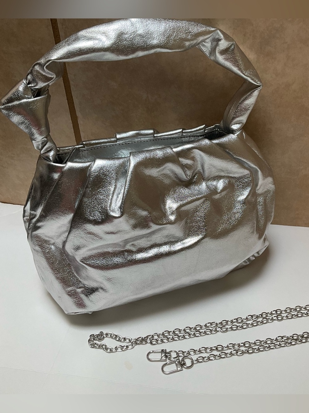 Silver Metallic Free People Viva La Faux Clutch Shoulder Bag Vegan Handbag